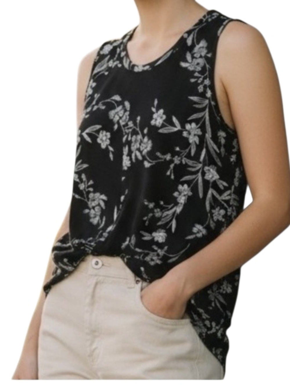 Any Doll Black Tank Top with White Floral Print